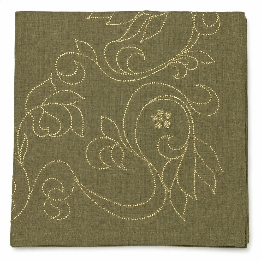 KIM SEYBERT SET OF 3 LINEN NAPKINS GREEN GOLD EMBROIDERED BEADED FLORAL NEW